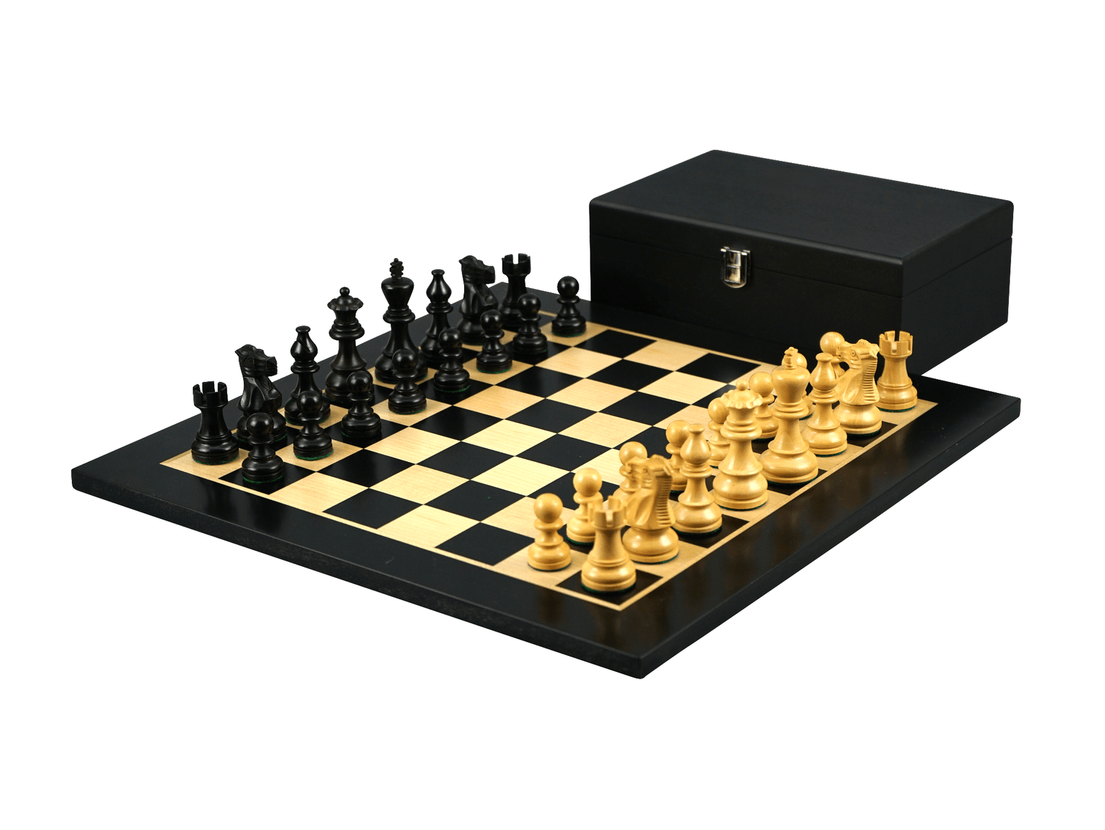 ebonised classic staunton chess pieces with black chess board and black chess box
