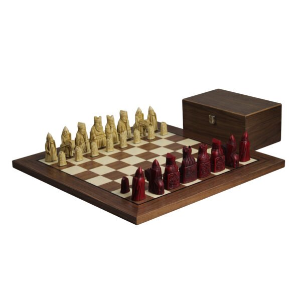 Isle of Lewis Chess Set With I Ivory & Red Resin Chess Pieces 3.5 Inch and Walnut Chess Board 20 Inch
