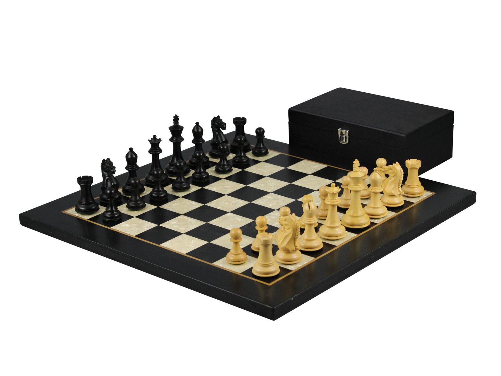 black chess board with fierce knight ebonised chess pieces with chess box