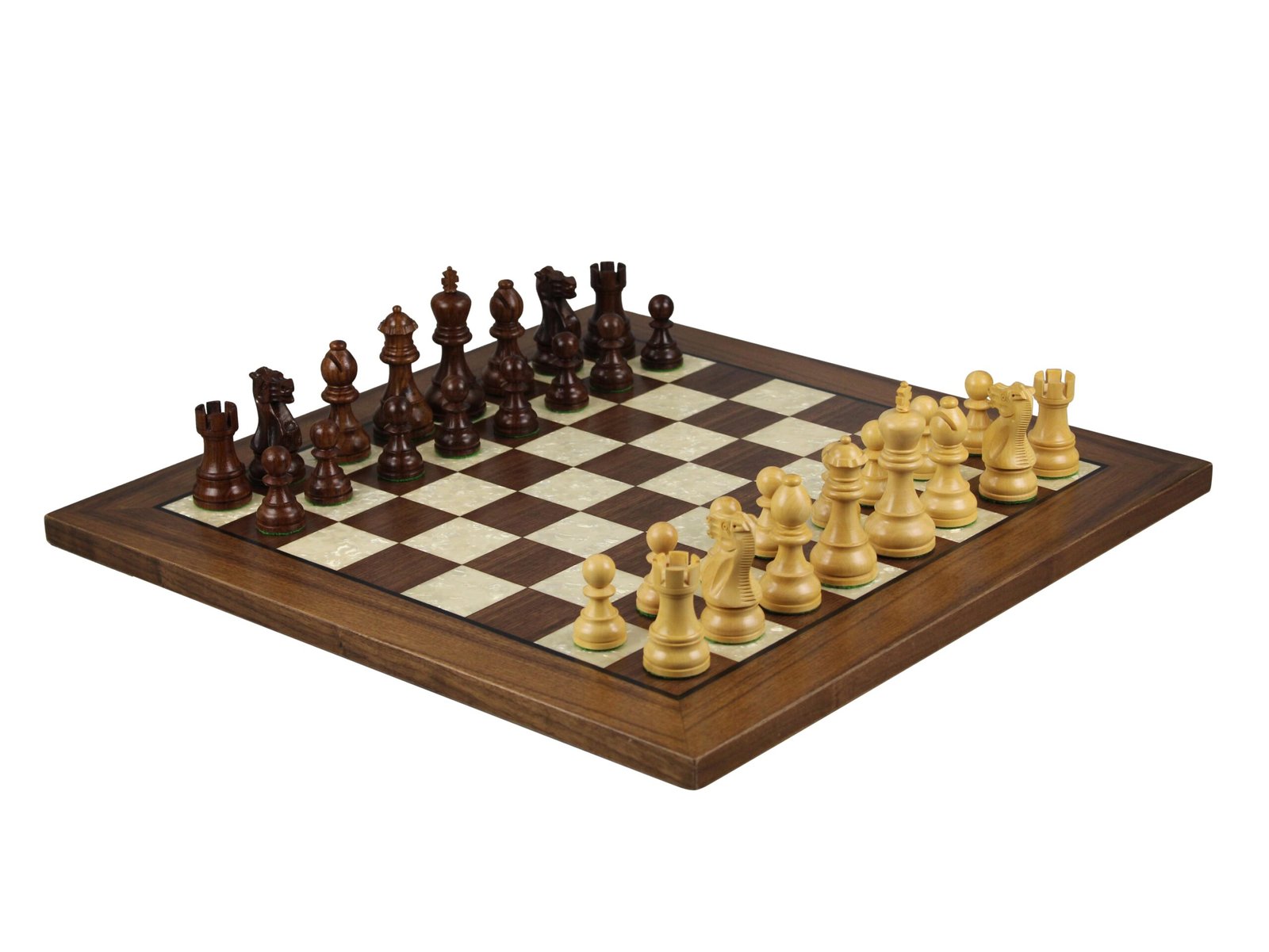 walnut mother of pearl chess board with executive staunton chess pieces