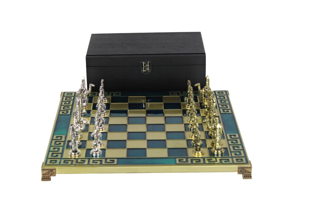 Blue Metal Chess Set With Egyptian Chess Pieces 11 inch