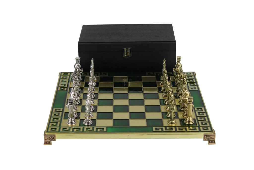 Green Metal Chess Set With Athena Chess Pieces 13 Inch