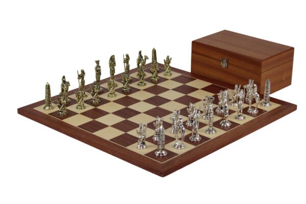 Mahogany Chess Set 21 Inch with Egyptian Metal Chess Pieces 3.8 Inch