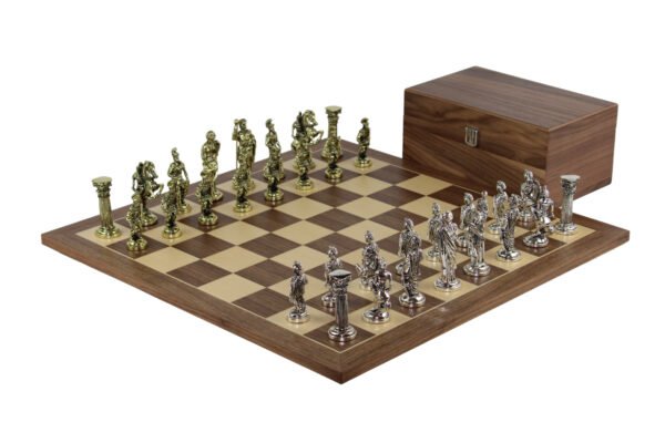 Walnut Chess Set 21 Inch with Egyptian Metal Chess Pieces 3.8 Inch