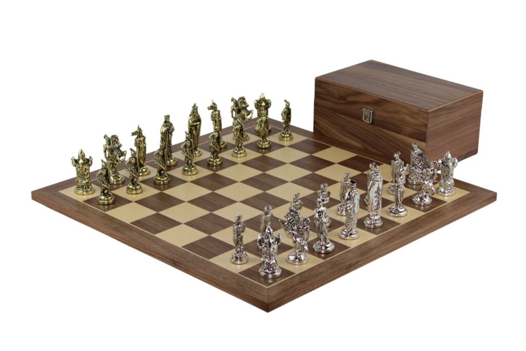 Walnut Chess Set 21 Inch with Crusaders Metal Chess Pieces 3.8